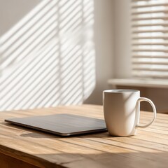 White Mug and Tablet on Wooden Table in Sunlight