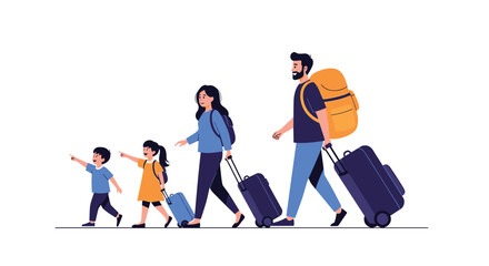 Fototapeta premium A happy family with luggage walking together on a trip adventure.