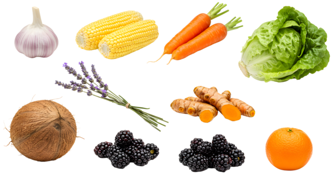Fresh variety of vegetables and fruits including garlic, corn, carrots, lettuce, coconut, lavender, turmeric, blackberries, and orange, perfect for healthy cooking and nutrition