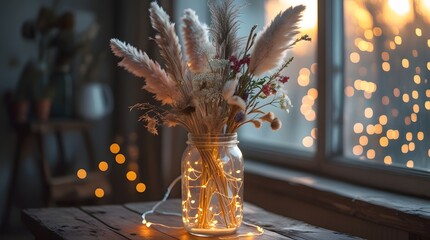 Bohemian Dream: Pampas Grass with Fairy Lights in a Cozy Room