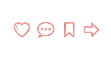 Pink outline icons representing social media interactions, including like, comment, save, and share.