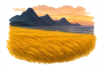 Golden field wind flowing by ocean and mountains under a warm sunset sky, artistically rendered with transparent background