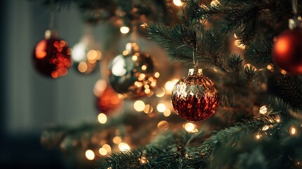 Christmas tree shining with sparkling lights adorned with copper red and green reflective ornaments simple background