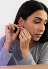 Young Middle Eastern woman putting on earrings indoors