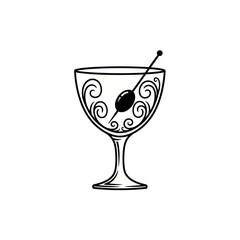 Elegant cocktail glass with olive garnish, detailed line art illustration.
