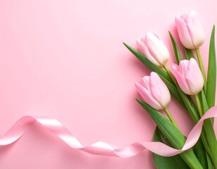 Delicate pink tulips and ribbon on a pastel pink background