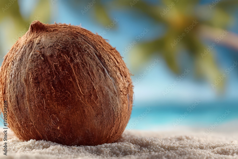 Aufkleber macro view of textured coconut resting on sandy surface illuminated by natural sunlight creating a t