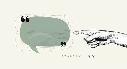 Illustration of a hand pointing towards a speech bubble, suggesting a quote or statement.