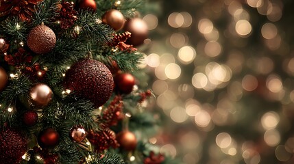Elegant holiday Christmas tree sparkling with bright lights copper red and green ornaments isolated background