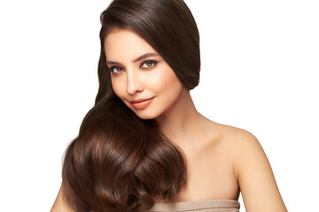 Brunette girl with perfect makeup. Smiling beautiful model woman with long curly hairstyle. Care and beauty hair products