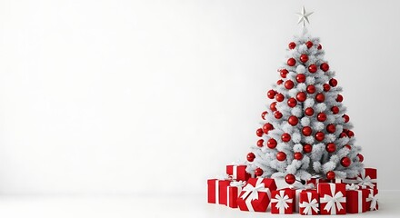 Festively decorated white christmas tree with red ornaments and presents