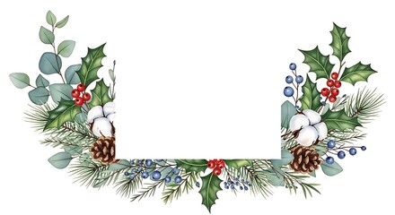 Watercolor christmas wreath frame with holly berries pinecones and eucalyptus leaves