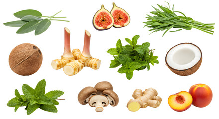 Fresh assortment of herbs and fruits including figs, mint, coconut, ginger, mushrooms, and peaches on white background, perfect for healthy cooking