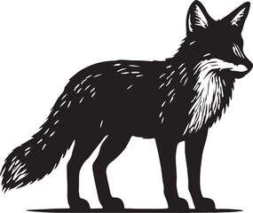 Stylized black and white illustration of a standing fox with a bushy tail and alert ears