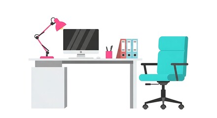 Modern home office setup with a bright turquoise ergonomic chair and a white desk