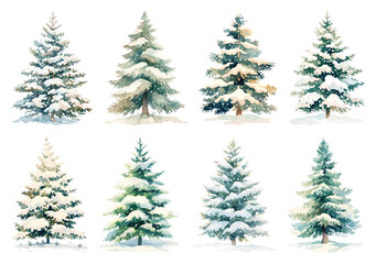 Watercolor snowy evergreen trees