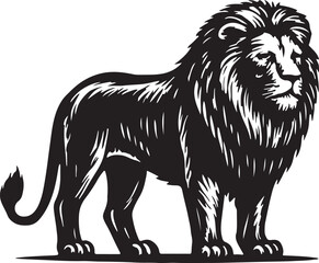 Majestic black silhouette of a powerful male lion standing proudly with a full mane