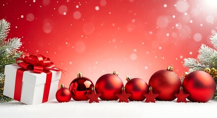 Festive christmas scene with red ornaments a gift box and snow falling on a red background