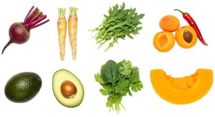 Fresh healthy vegetables and fruits including beetroot, white carrots, arugula, apricots, avocado, spinach, and pumpkin slice, perfect for nutritious meal planning