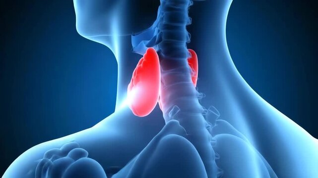 Red thyroid gland highlighted in a human neck anatomical illustration on a blue background