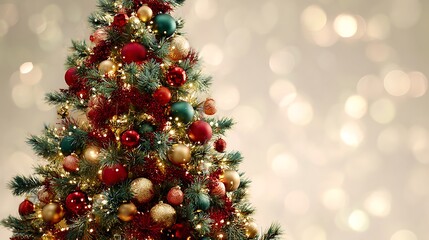 Bright holiday tree glowing with decorative lights copper red and green festive ornaments on a clear background