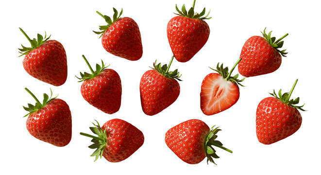 Fresh ripe strawberries isolated on black background with one cut in half showing juicy red fruit, perfect for healthy eating and summer recipes - Powered by Adobe