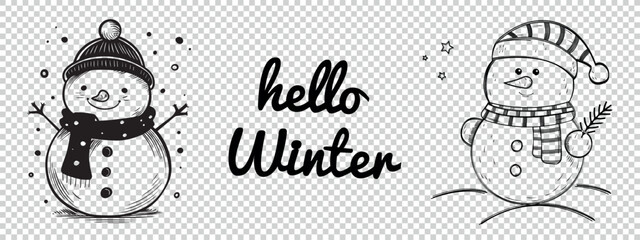 Snowman Icons Set - Black Vector Illustrations Isolated On Transparent Background