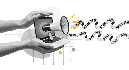 Digital marketing concept with laptop, megaphone, and news banners.
