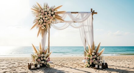 Beautiful beach wedding arch decorated with flowers and pampas grass overlooking the ocean
