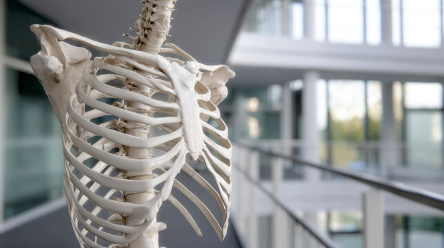 Detailed view of a human skeleton model in a modern educational setting with glass architecture
