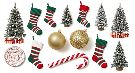 Collection of festive christmas decorations including trees stockings ornaments and candy cane