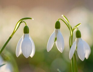 Delicate snowdrops in soft sunlight