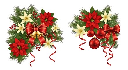 Festive christmas decorations featuring red poinsettias greenery and ornaments with red ribbons