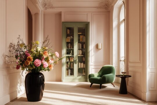 Sunlit hallway with blush walls, green bookcase, plush chair, and large floral arrangement in a black vase