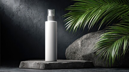 White Spray Bottle on Dark Stone Platform with Tropical Leaves