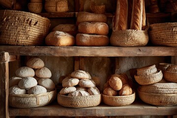 Artisan Breads Displayed On Rustic Wooden Shelves