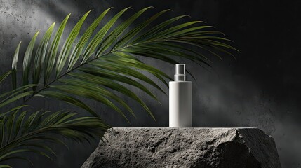White Spray Bottle on Dark Stone with Tropical Leaf