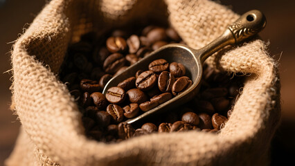 Exotic roasted coffee beans in burlap sack with vintage scoop