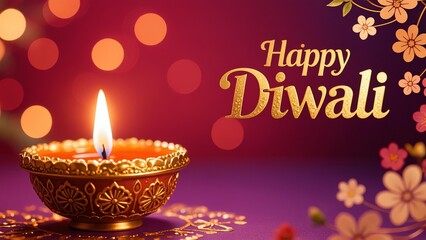 Traditional clay diya with golden floral patterns, lit flame on deep red-purple gradient background, soft bokeh lights and subtle henna designs; 'Happy Diwali Festival of Lights' in elegant gold font