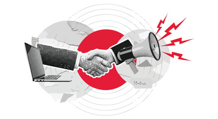 Conceptual collage of a digital business agreement with a handshake from a laptop and a megaphone for a loud announcement.