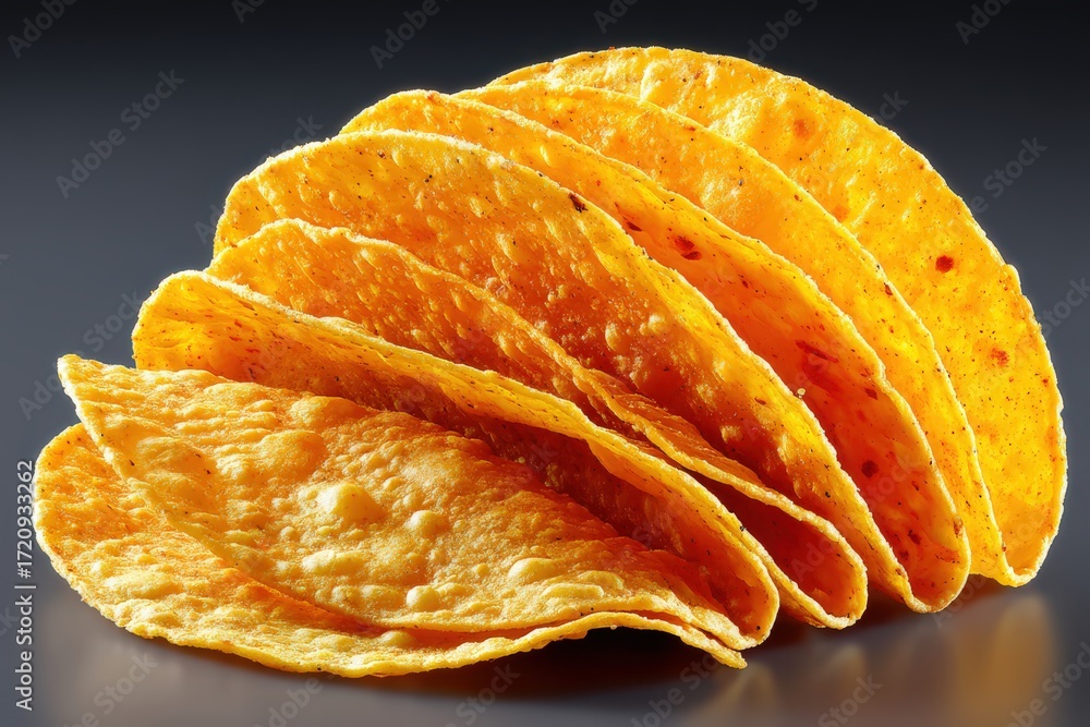 Poster crispy golden taco shells arranged in a staggered formation emphasizing texture and shape capturing 