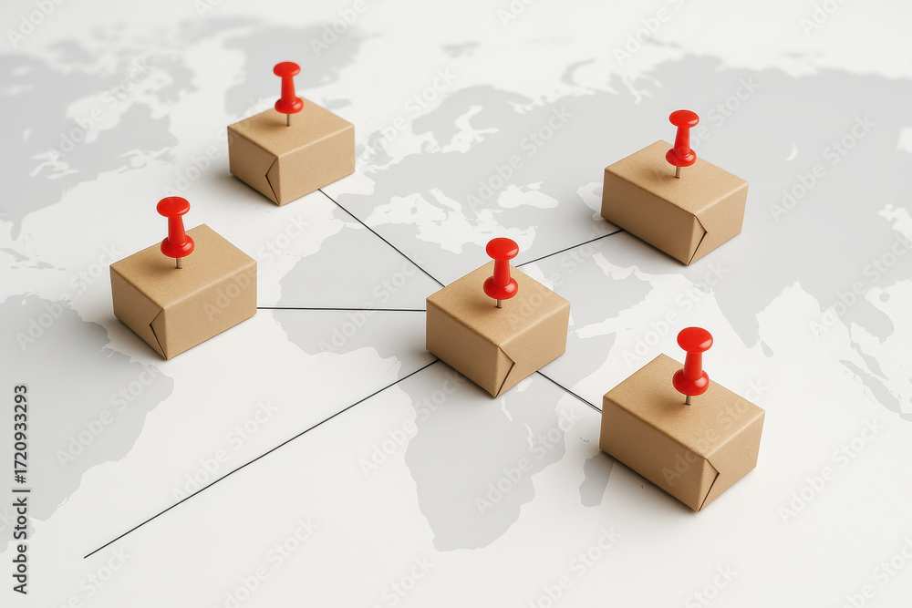 Aufkleber logistics concept delivery global shipping boxes with red push pins connected by lines on world map 