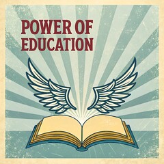 Knowledge takes flight&mdash;an open book with wings radiates the power of education against a vintage, textured backdrop.