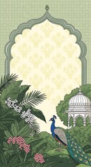 Ornate archway overlooking lush garden with peacock and gazebo