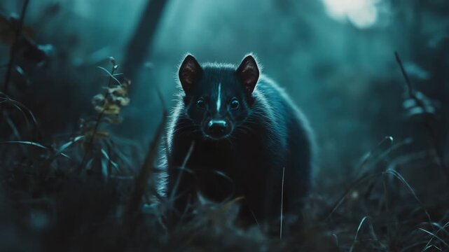 A black animal with a white stripe on its face. It is standing in the grass. The animal is looking at the camera. A skunk in the wild at night