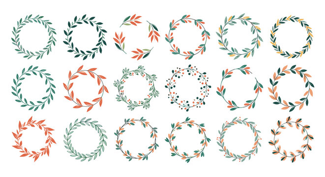 Collection of hand drawn decorative floral wreaths with leaves and flowers in earthy tones. - Powered by Adobe