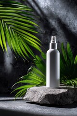 White Spray Bottle on Gray Stone with Tropical Leaves