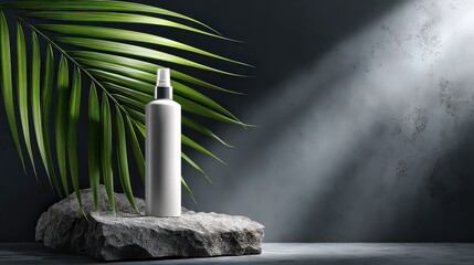 White Spray Bottle on Gray Stone with Tropical Leaf
