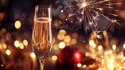 A champagne flute filled with champagne and a sparkler in the background.