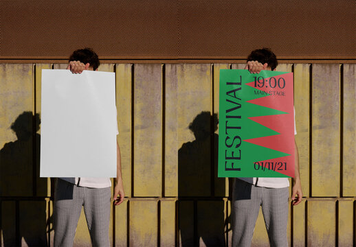 Mockup Of Man Holding Customizable A2 Poster Over Face